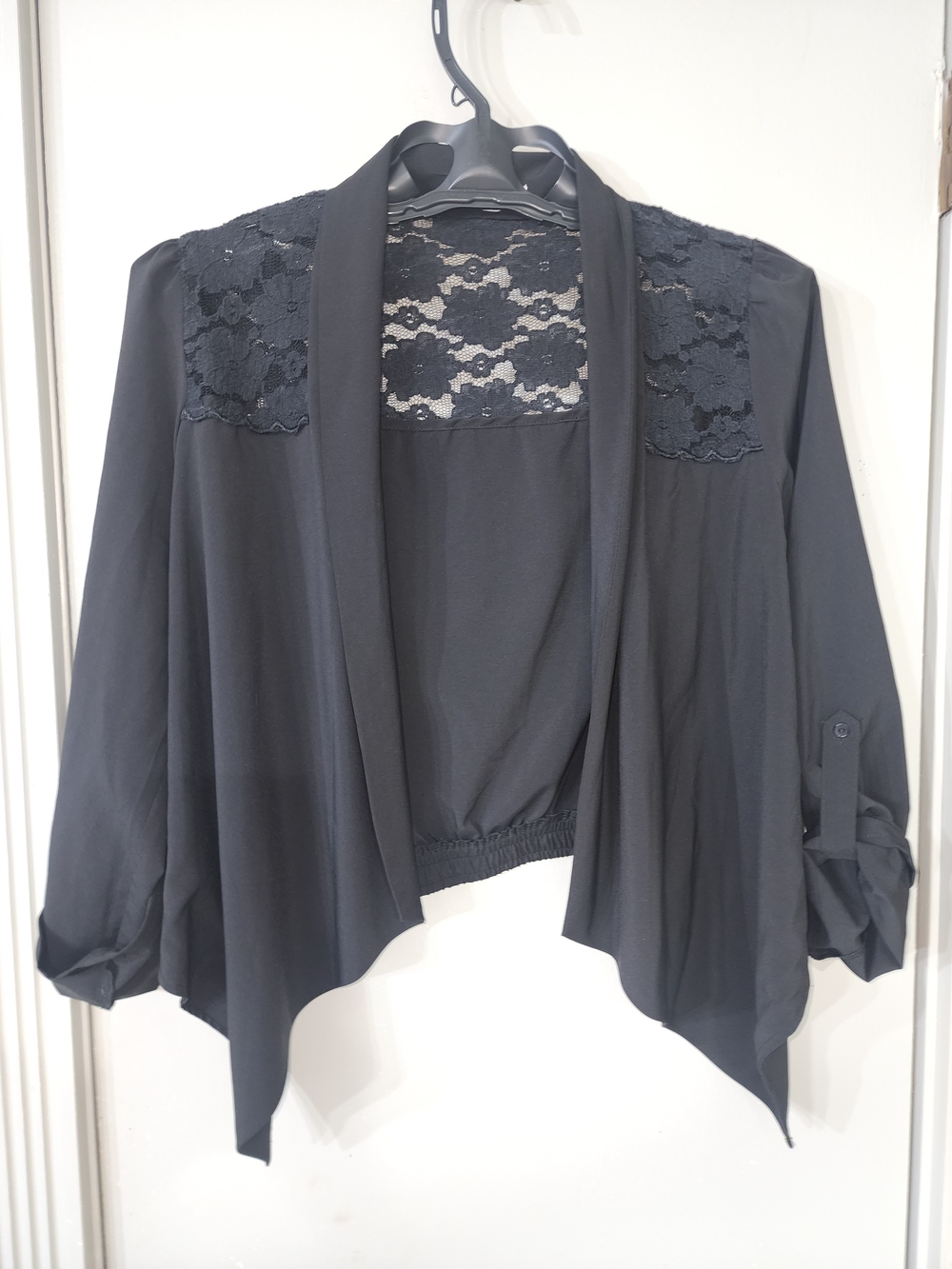 mine Elegant Black Lace-Back Draped Open Front Tunic